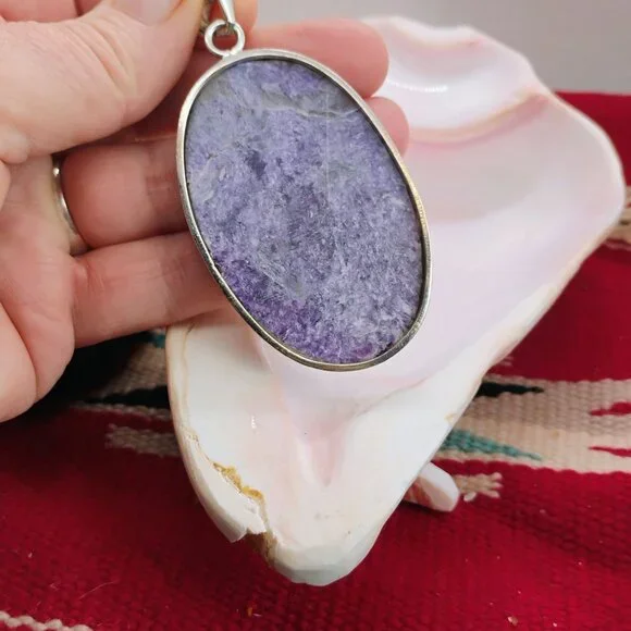 Huge Purple Charoite Sterling Silver Pendant Oval Slab 3" Long 26.4g - Picture 7 of 9